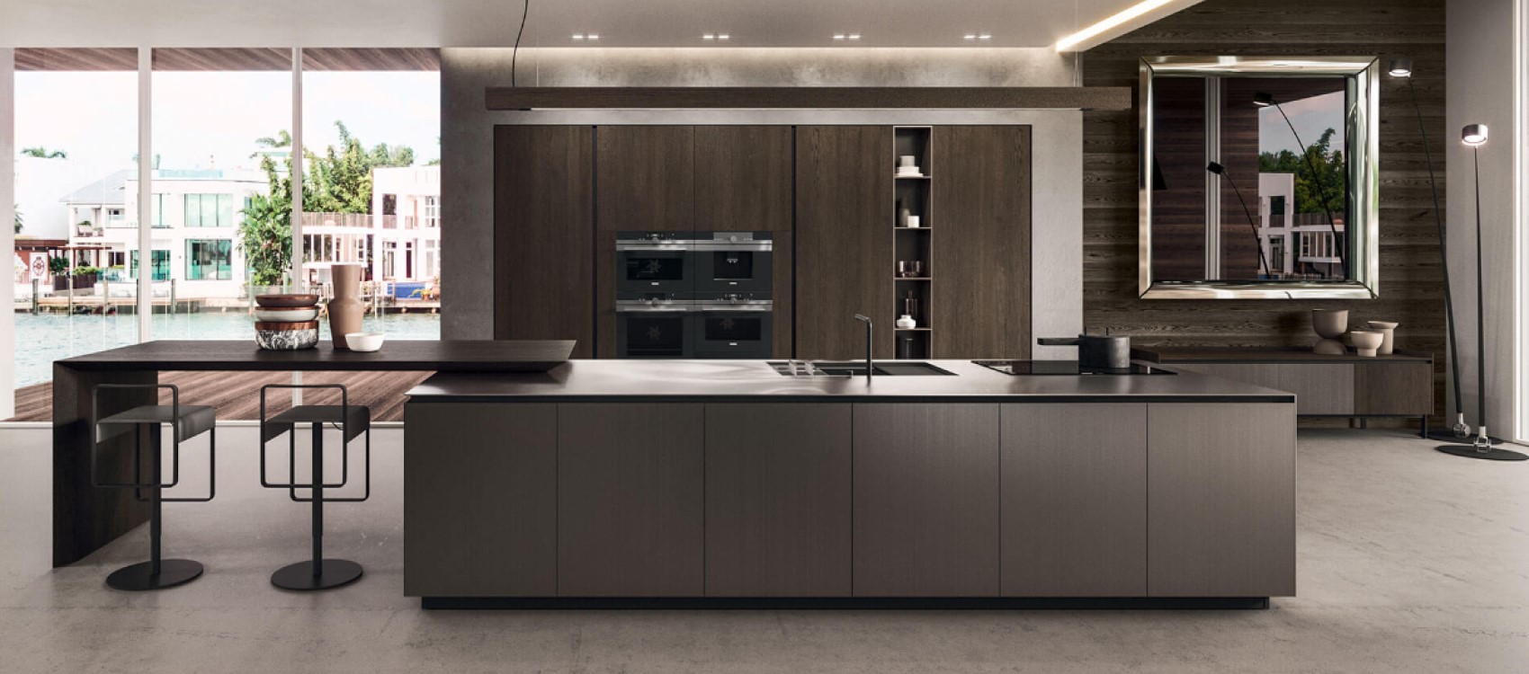 Arrital kitchen in metal brown lacquer and cacao wood with tall units and island with breakfast bar