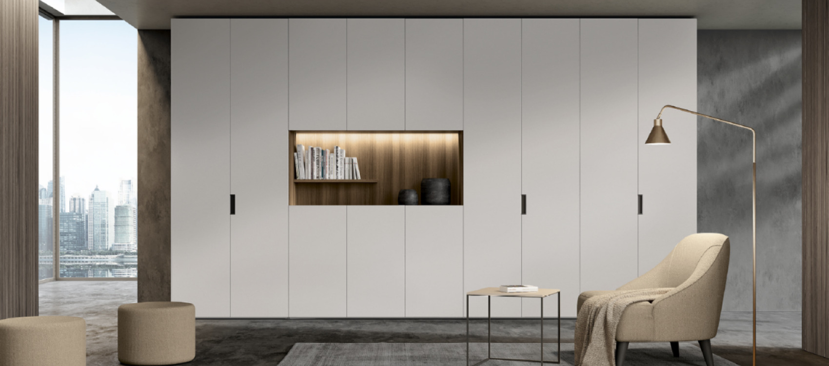 Tall wardrobes by Colombini in Grigio Dorian finish with wood effect niche