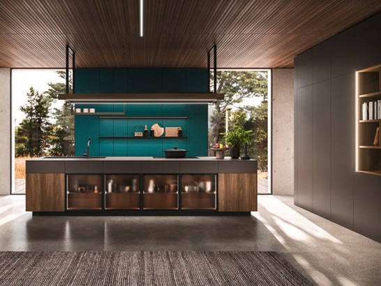 Kitchen with handle less grips in brown and wood