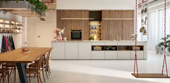 Wood effect kitchen with white island units