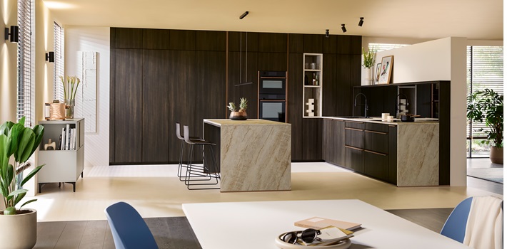 Dark wood effect handleless kitchen
